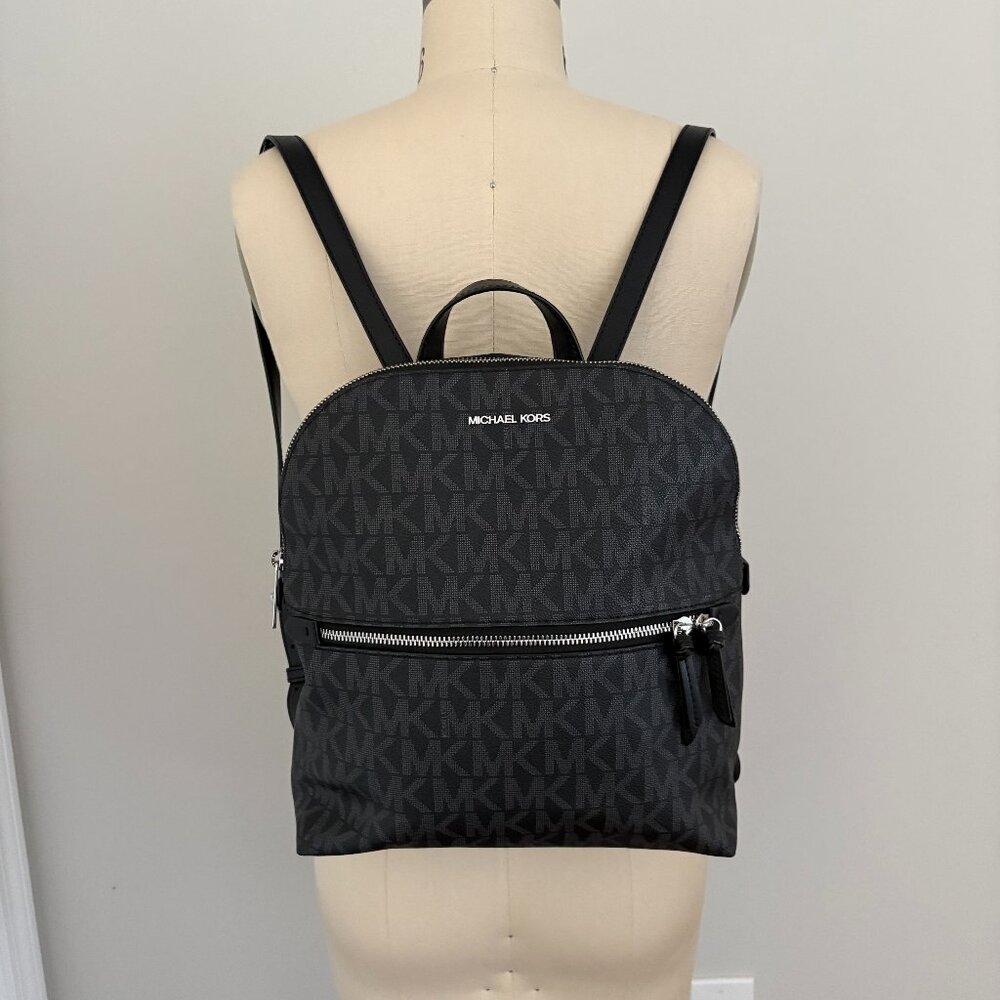 Michael Kors Dallas Med Signature Logo Backpack Black Silver Hardware Urban Chic
